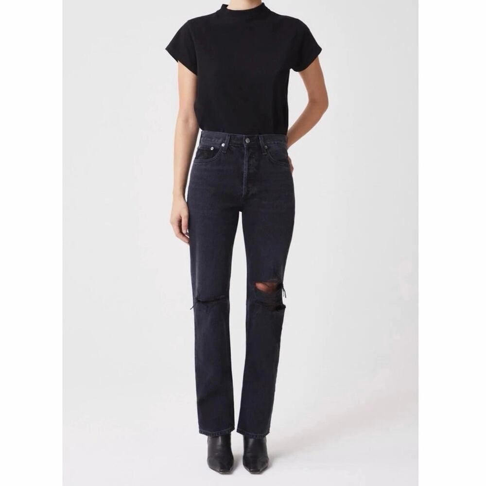 AGOLDE Lana Straight Jeans 24 Disorder Black Distressed High Rise 100% Cotton